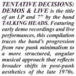 Talking Heads - Tentative Decisions: Demos & Live